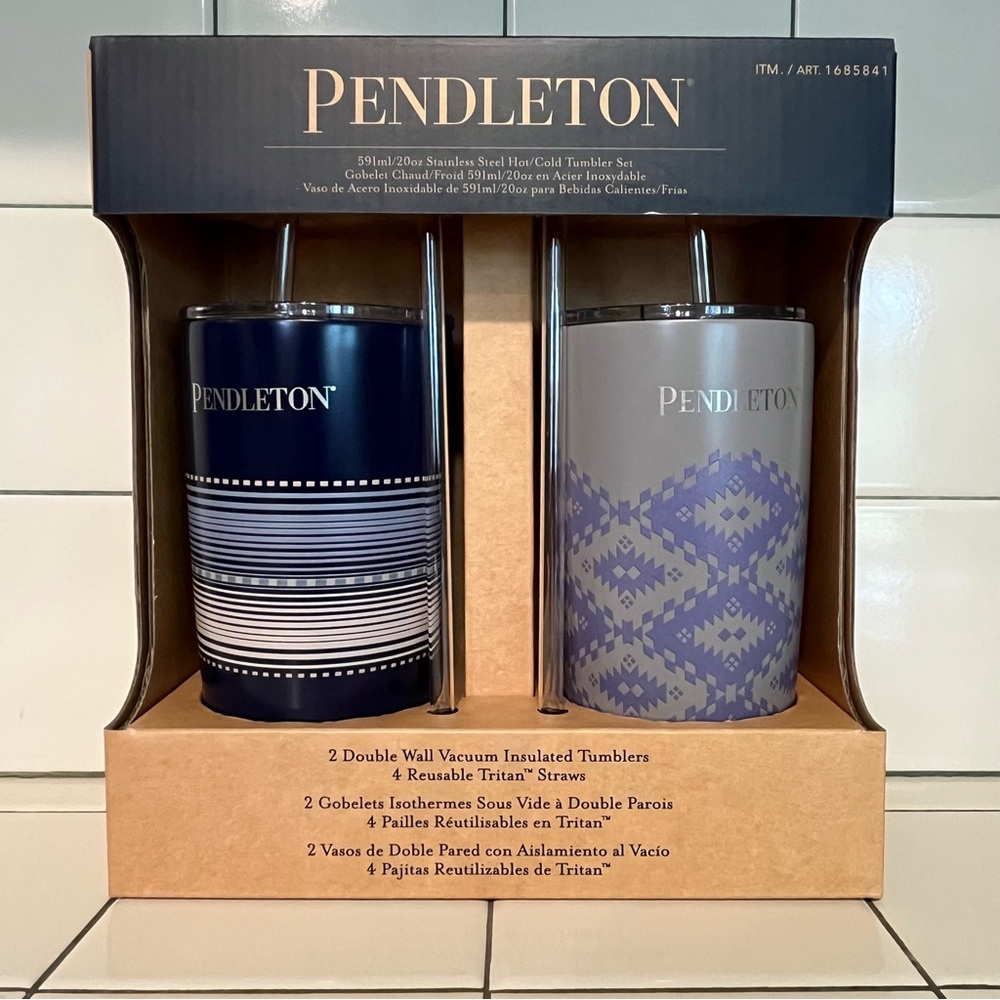 Set of Two Pendleton Blue and Gray Accent Vacuum Insulated Tumblers 20 Oz